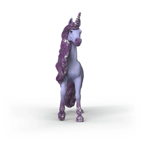 Front view of the Schleich Unicorn Stallion Orchid figure showing its spiral horn, curled purple mane and glittered lower legs