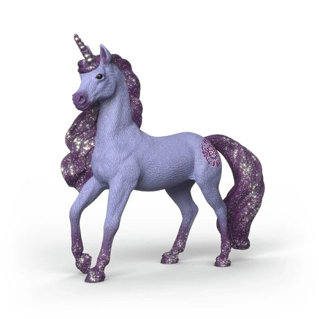 Schleich Unicorn Stallion Orchid figure with a lavender body, dark purple glittered mane, tail, horn and lower legs