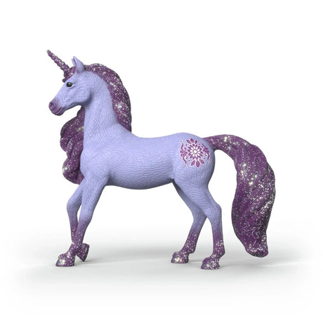 Left side view of the Schleich Unicorn Stallion Orchid figure with a purple floral marking on its hindquarter and a long glittered tail