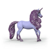 Right side view of the Schleich Unicorn Stallion Orchid figure with one front leg raised and a thick dark purple glittered mane