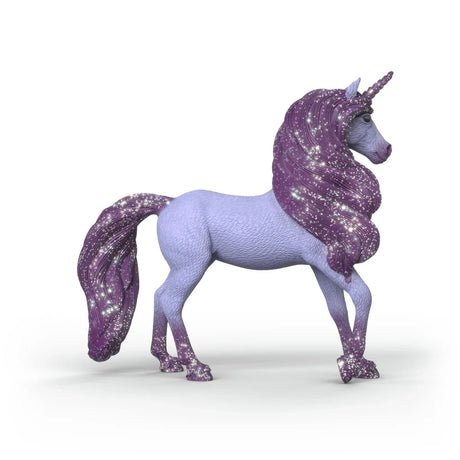 Right side view of the Schleich Unicorn Stallion Orchid figure with one front leg raised and a thick dark purple glittered mane
