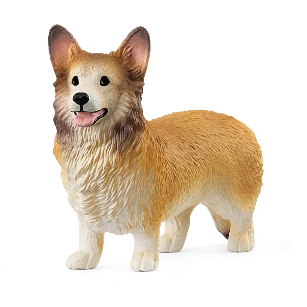 A Welsh corgi figurine with a fluffy two tone coat, upright ears, and a bright open mouth expression.