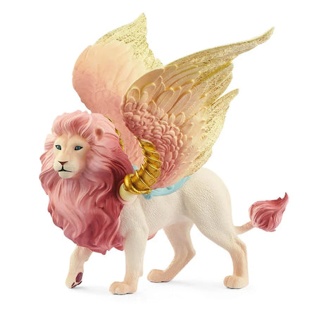 Schleich Winged Lion figure with a cream body, pink mane, gold harness and large pink and gold wings