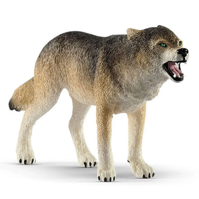 A wolf figurine with textured grey and brown fur, bright green eyes, and an open mouth showing teeth.