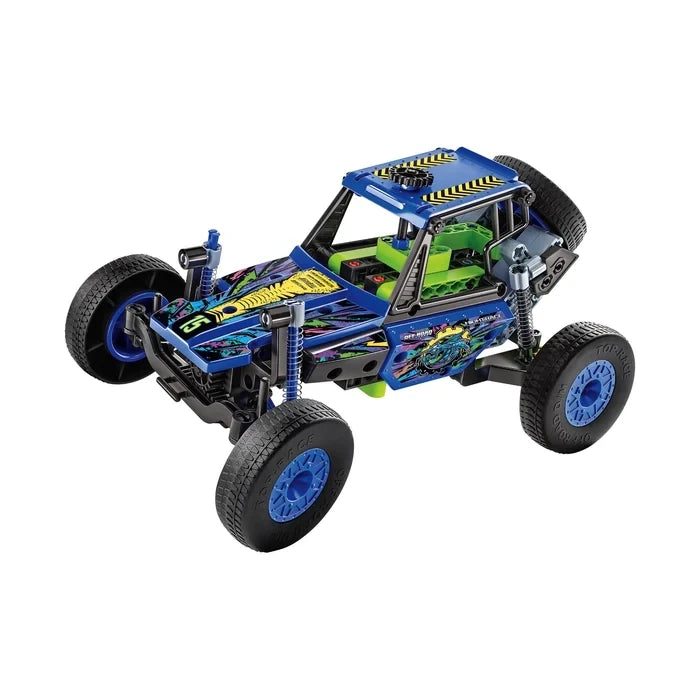Blue, green and black Science Museum Build Off Roader model with four large wheels, spring details and printed panels.