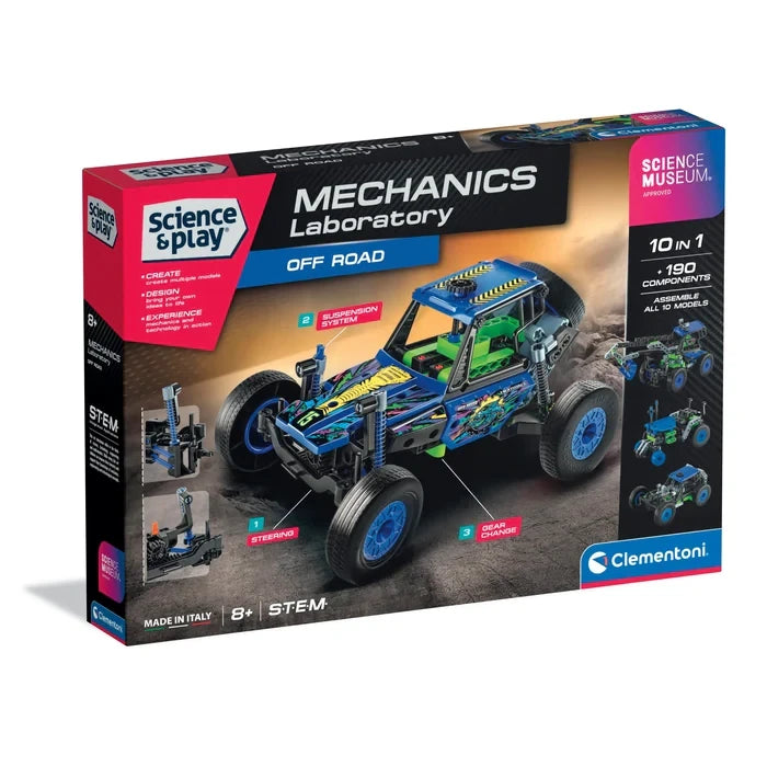 Science Museum Mechanics Laboratory Off Road box showing the assembled blue, green and black vehicle model.