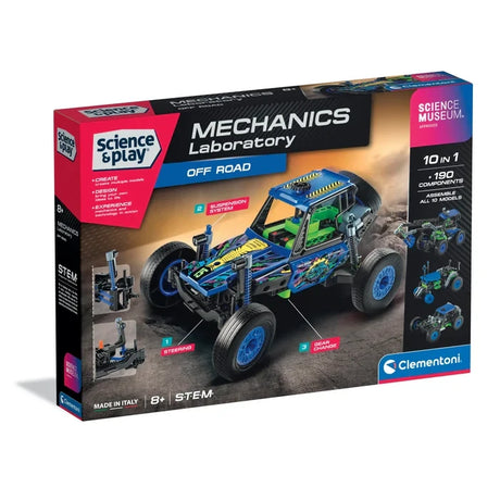 Science Museum Mechanics Laboratory Off Road box showing the assembled blue, green and black vehicle model.