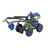 Blue, green, grey and black four wheel model with a long arm and blue scoop. 