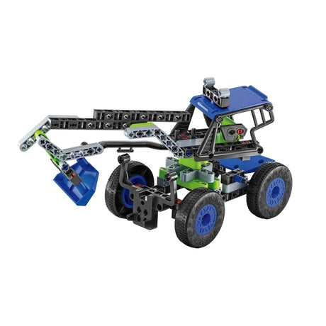 Blue, green, grey and black four wheel model with a long arm and blue scoop. 