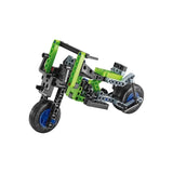 Green, black and grey two wheel model with blue wheel hubs.