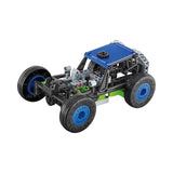 Open frame blue, green, grey and black four wheel model with a blue roof and exposed construction pieces.