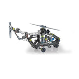 Grey, black and white construction helicopter model with main and tail rotors.