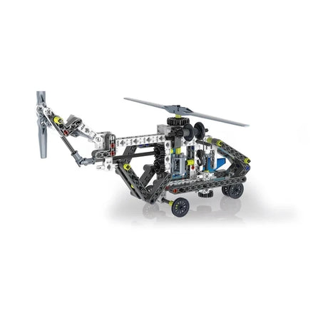 Grey, black and white construction helicopter model with main and tail rotors.