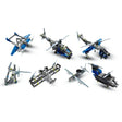 Six assembled aeroplane and helicopter construction models in blue, grey, black and white.