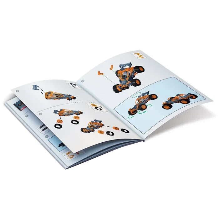 Open instruction manual showing illustrated assembly diagrams for the buggy and quad models.