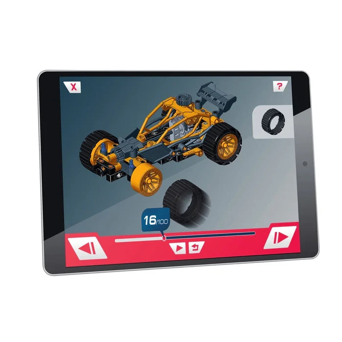 Tablet screen showing a 3D assembly step for the yellow and black buggy model.