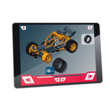 Tablet screen showing a 3D assembly step for the yellow and black buggy model.