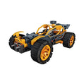 Yellow and black buggy model with four large wheels, an open frame and exposed construction pieces.