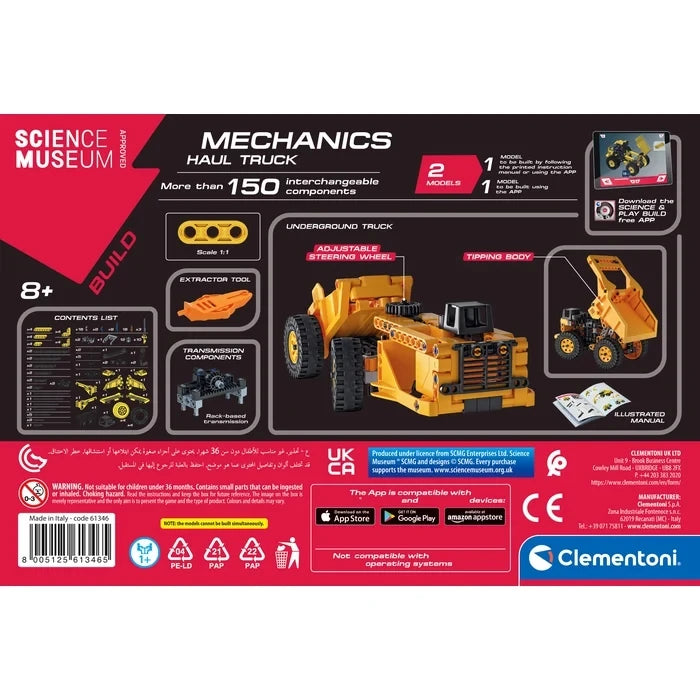 Back of the Science Museum Mechanics Haul Truck box showing two truck models, construction details and app instructions.