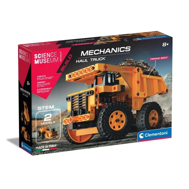Science Museum Mechanics Haul Truck box showing a yellow and black truck model with a loaded tipper.