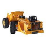 Low profile yellow and black truck model with four large wheels, front grille and exposed construction pieces.