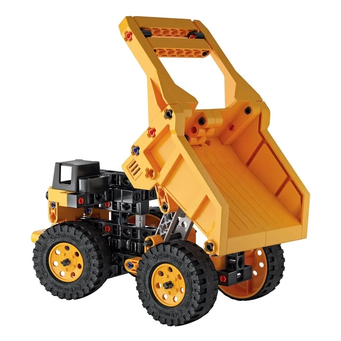 Yellow and black haul truck model with four large wheels and the tipper raised.