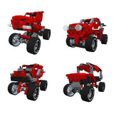 Four red construction vehicle models shown from different angles with black wheels and grey frame pieces.