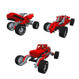 Three red construction vehicle models with black wheels and exposed grey frame pieces.