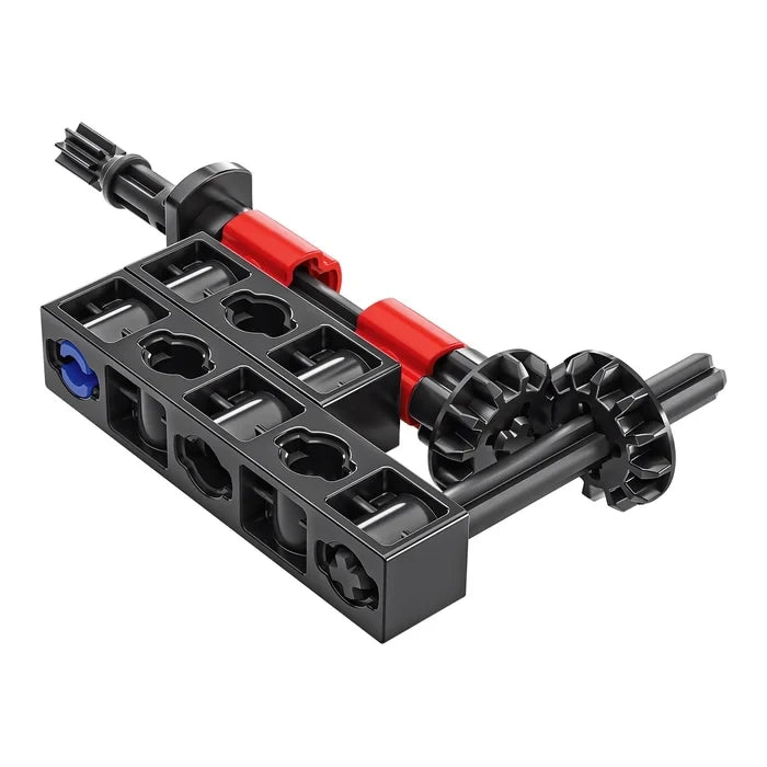 Black construction frame with red connectors, axles and two black gears.