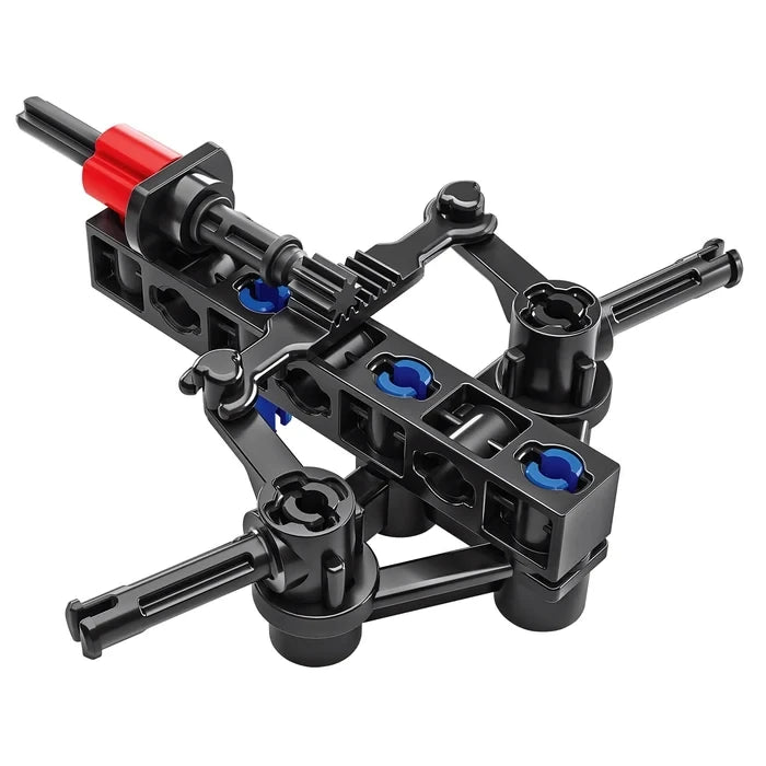 Black construction assembly with blue connectors, axles and linked arms.
