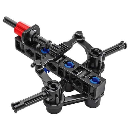 Black construction assembly with blue connectors, axles and linked arms.