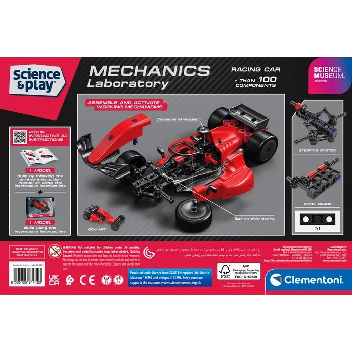 Back of the Science Museum Mechanics Racing Car box showing two red car models and component images.