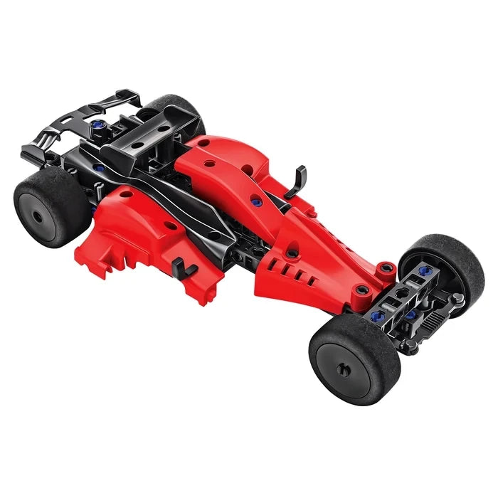 Red and black open wheel car model with four wheels and exposed construction pieces.