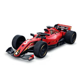 Red and black racing car model with four wheels, front wing and printed body panels.