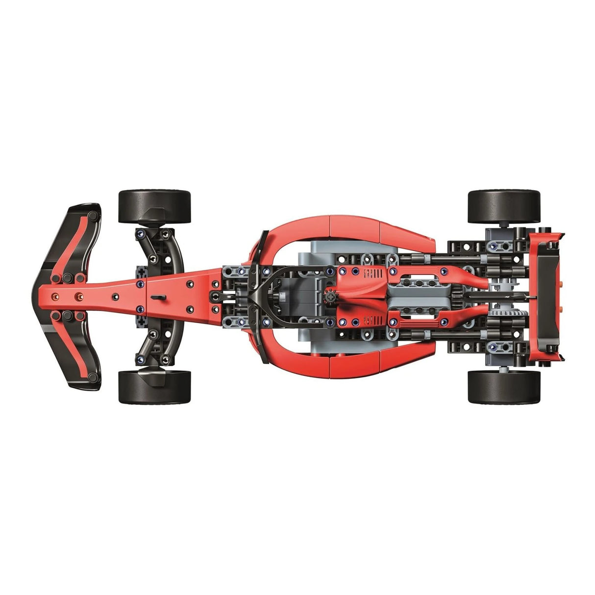 Top view of the assembled Science Museum Mechanics Ultimate Racer in red, grey and black.