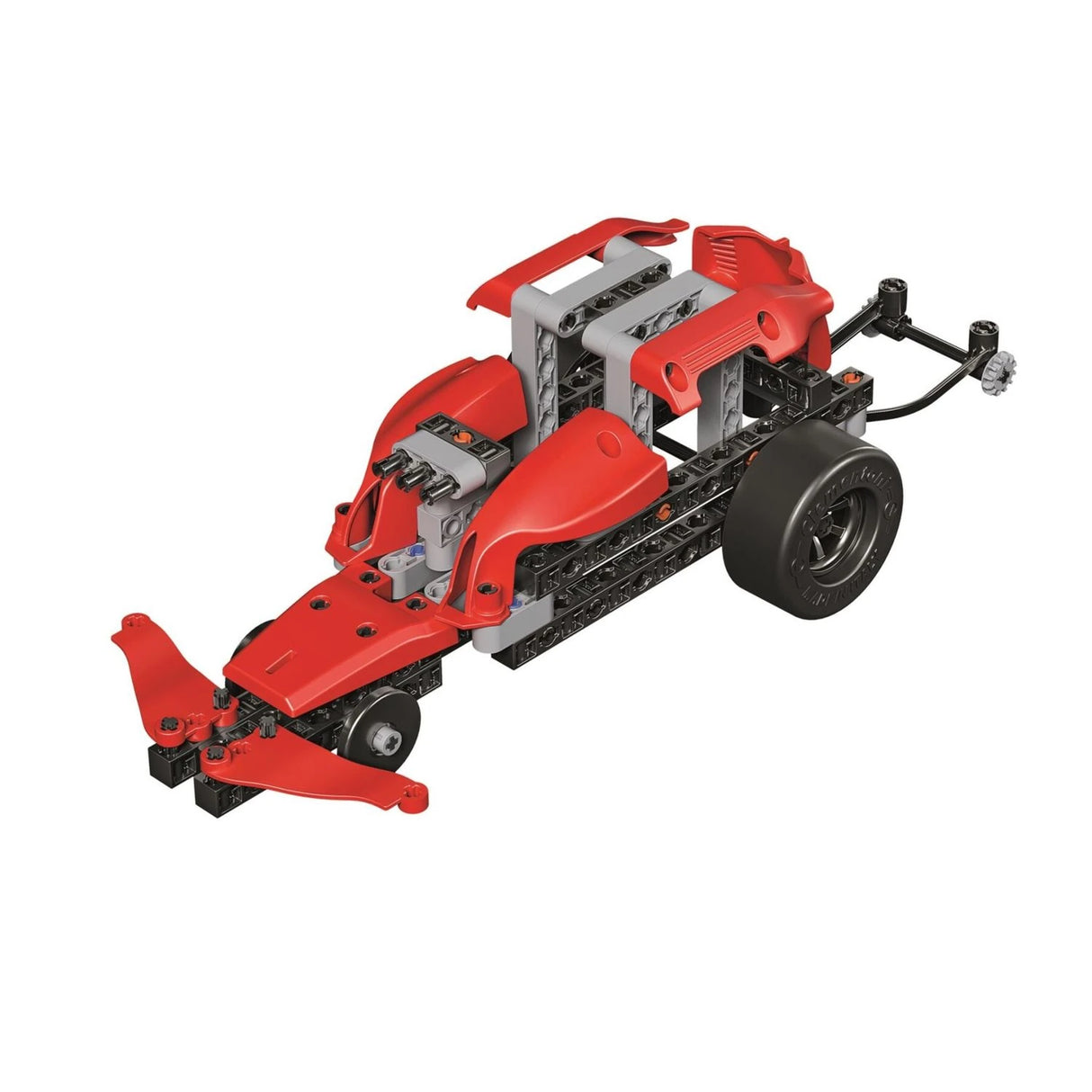 Science Museum Mechanics Ultimate Racer construction stage with red body panels, a front wing and exposed frame sections.
