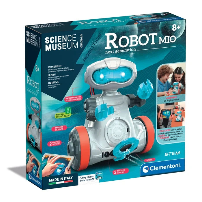 Science Museum Mio Robot Blue box showing the white, grey and blue robot with orange wheels.