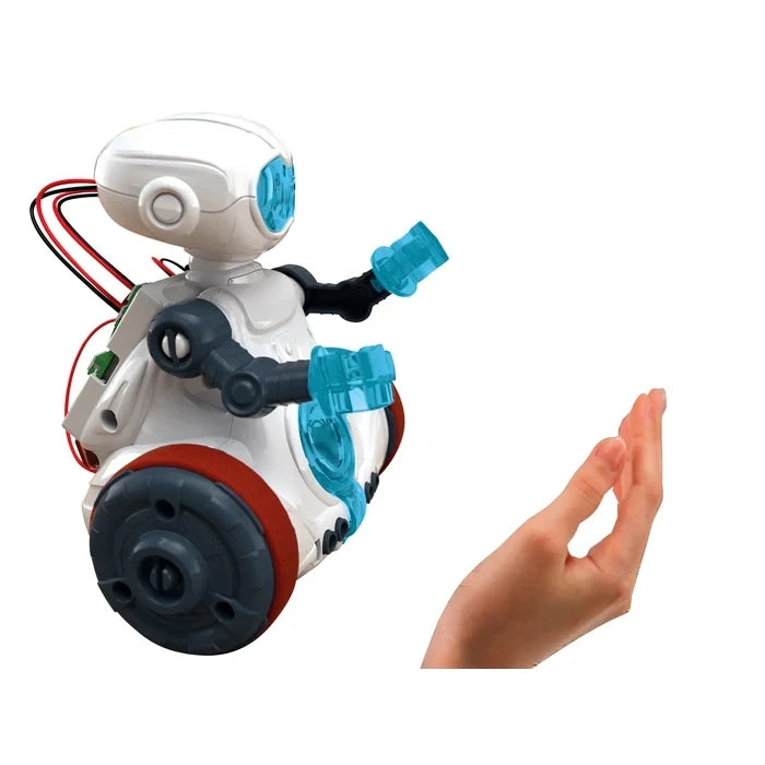 Side view of the Mio robot with blue hands and orange wheels beside a raised hand.