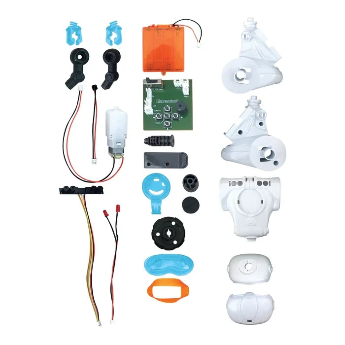 Unassembled Mio robot parts with wires, a circuit board and white, grey, blue and orange pieces.
