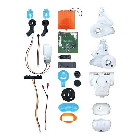 Unassembled Mio robot parts with wires, a circuit board and white, grey, blue and orange pieces.