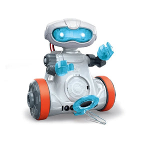 White, grey and blue Mio robot with orange wheels, blue hands and a loop attachment at the front.