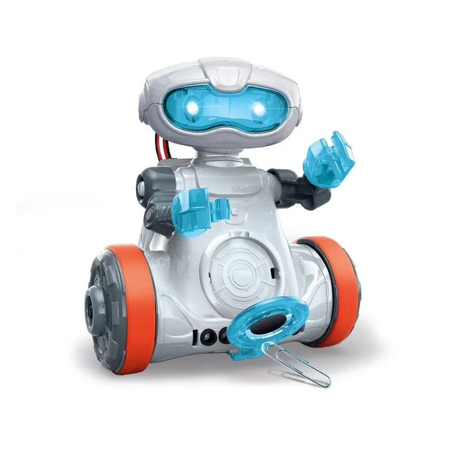 White, grey and blue Mio robot with orange wheels, blue hands and a loop attachment at the front.