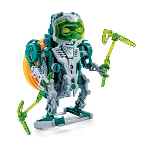 Teal, grey and green humanoid robot model holding two green tools.