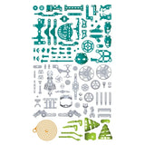 Teal, grey, green and orange construction parts arranged by colour.