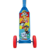 Footplate of a Paw Patrol triscooter decorated with Chase, Marshall, Skye, Rubble, and Everest beside the two red rear wheels.