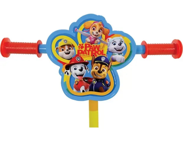 Paw Patrol scooter plaque showing Chase, Marshall, Skye, Rubble, and Everest with red handlebar grips on each side.