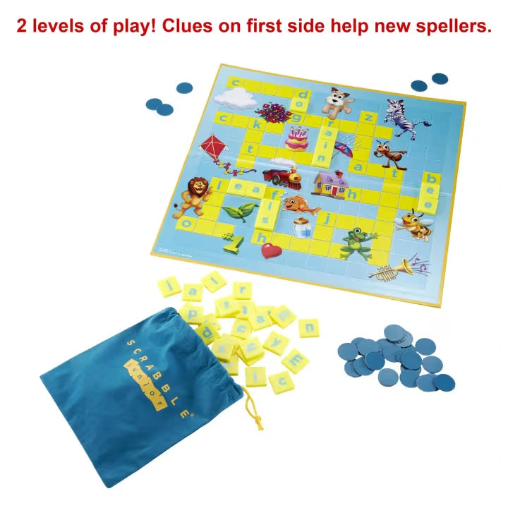 Scrabble Junior illustrated beginner board with letter tiles, blue scoring chips and tile bag