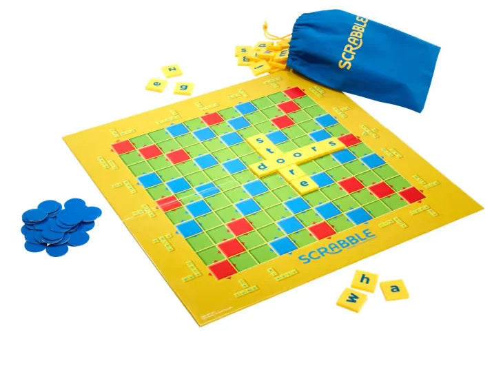 Scrabble Junior game board layout with letter tiles and score counters Ireland