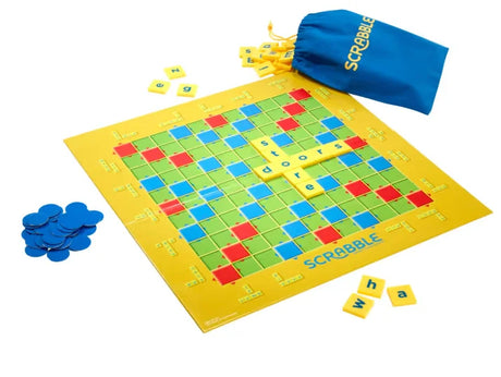 Scrabble Junior game board layout with letter tiles and score counters Ireland