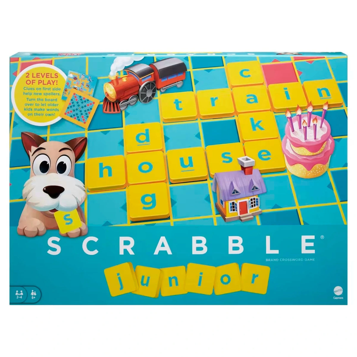 Scrabble Junior front packaging with illustrated board, yellow letter tiles, dog, train, house and birthday cake